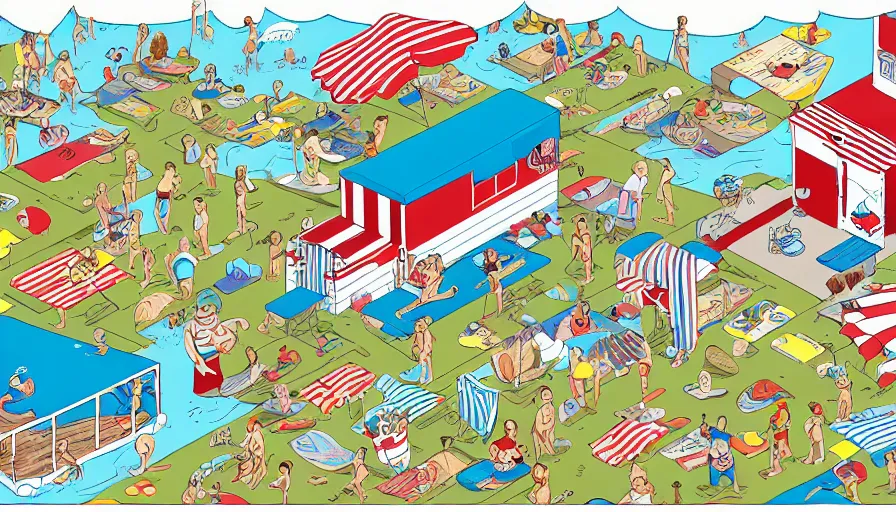 Image similar to a full page spread from the where's waldo at the beach book, isometric, waldo in the top right of frame, high detail illustration, coherent