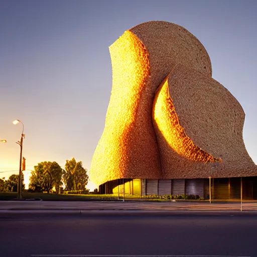 Image similar to a towering impressive building made of bread, cheese, and lunchmeat, dramatic lighting, bokeh, designed by frank gehry