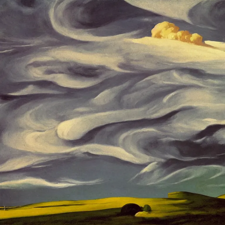 Image similar to dramatic landscape of donegal ireland after the storm, mammatus clouds and lenticular clouds, by edward hopper and giorgio de chirico