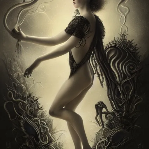 Image similar to By Tom Bagshaw, ultra realist soft painting of curiosities carnival by night, very beautiful bodysuit tentacles, symmetry accurate features, very intricate details, ominous sky, black and white, volumetric light clouds