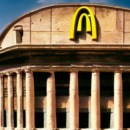 Image similar to Beautiful Promotional Photograph of ancient Roman McDonalds, wideshot,longshot,fullshot.