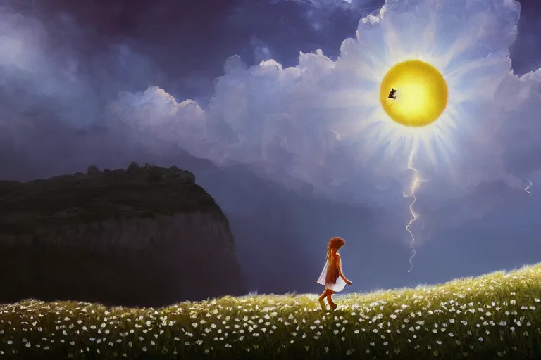 Image similar to giant white daisy flower head, girl walking on cliff, surreal photography, solar eclipse, milky way, dramatic light, impressionist painting, clouds, digital painting, artstation, simon stalenhag