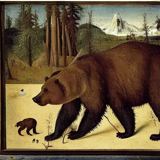 Image similar to a grizzly bear in the foreground, forest in the background, hieronymus bosch