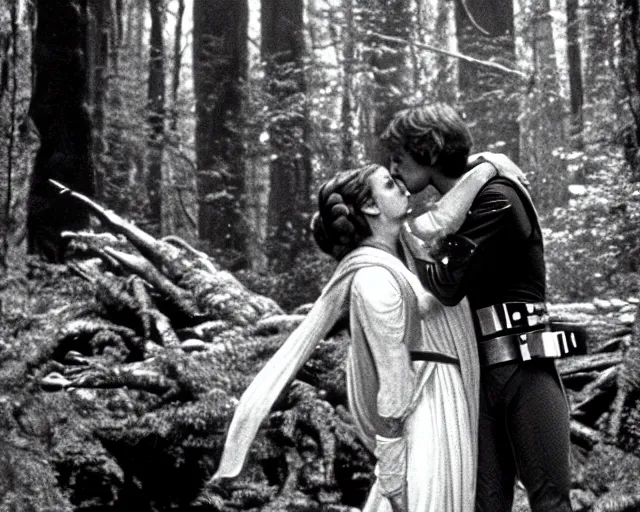 Image similar to luke skywalker, princess leia and han solo hugging and kissing in the forest of endor at the end of return of the jedi