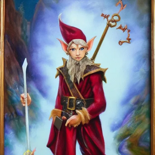 Image similar to a fantasy elf that is a wizard, holding a spell book and a dagger, with red hair, blue eyes, and is tall, oil on canvas