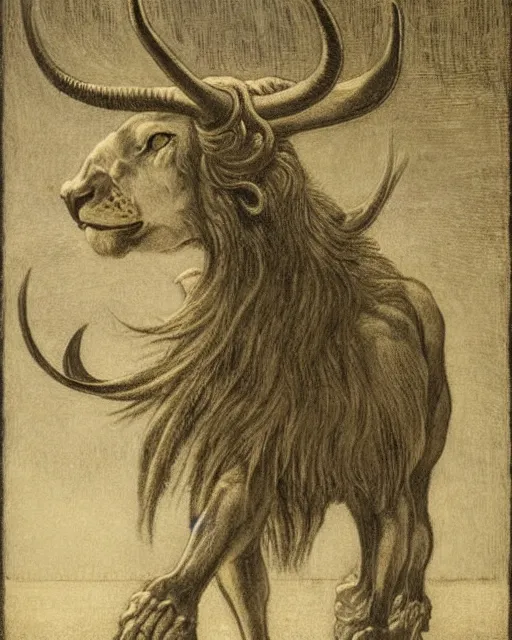 Prompt: a creature with the body and eyes of a man, with the beak of an eagle, the mane of a lion, and the horns of an ox drawn by jean delville