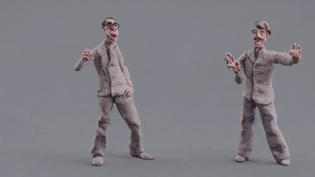 Prompt: a claymation of a man performing on a stage depth of field 1 0 0 mm