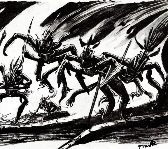 Prompt: four medeival adventurers flee, a group of mantis men, pen and ink, by frank Frazetta