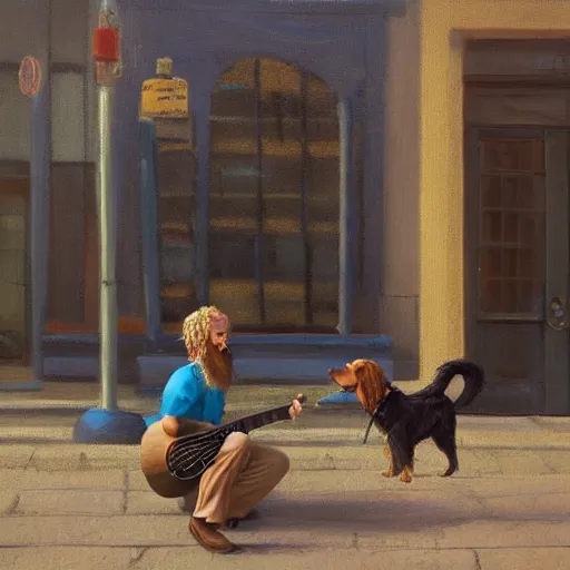 Image similar to oil painting of a young man with long hair blond and a beard hippie style with his golden retrever dog playing guitar in the square for money, people watching around, by greg rutkowski, artstation