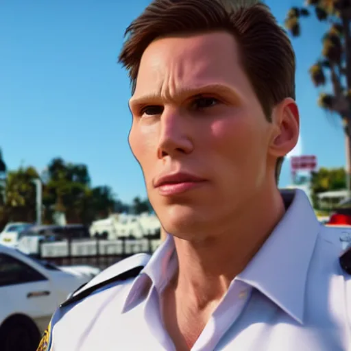 Image similar to Live Action Still of Jerma985 in Beverly Hills Cops, real life, hyperrealistic, ultra realistic, realistic, highly detailed, epic, HD quality, 8k resolution, body and headshot, film still