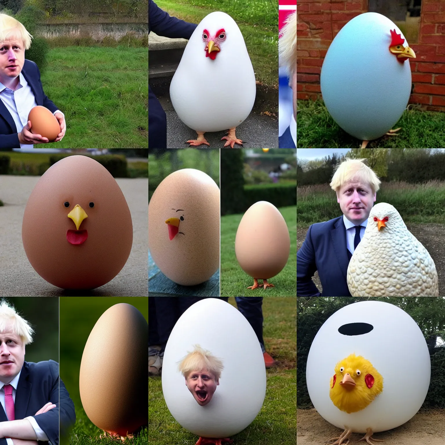 Prompt: a huge chicken egg that looks like boris johnson