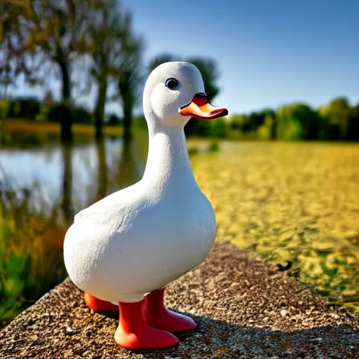 Image similar to a duck wearing rubber boots in the french countryside, realistic, detailed, 8 k