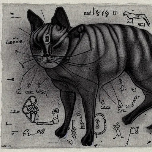 Prompt: siamese cat cow hybrid, anatomical drawings, hp lovecraft, old paper manuscript, fineline detail, cinematic quality, high octane