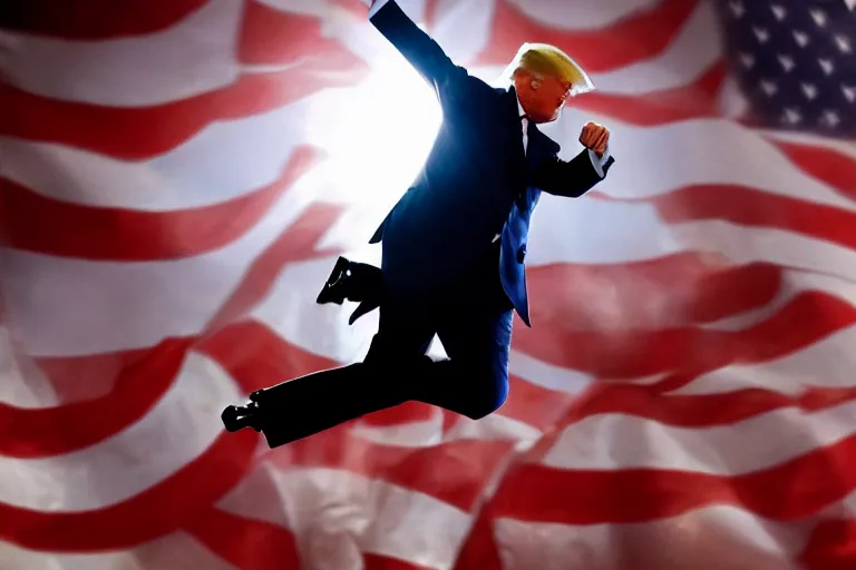 Image similar to a hero shot of Donald Trump doing a jump kick, back lit, epic, photo