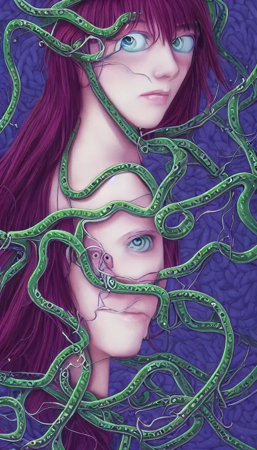 Prompt: very detailed portrait of a 2 0 years old girl surrounded by tentacles, the youg woman visage is blooming from fractal and vines, by gainax co,