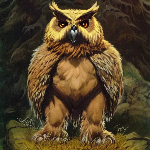 Prompt: three quarter portrait of an owlbear in the forest, d & d, fantasy, frank frazetta,