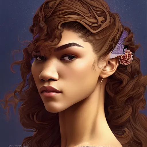 Image similar to A full portrait of Zendaya, intricate, elegant, highly detailed, digital painting, artstation, concept art, smooth, sharp focus, illustration, art by bouguerea and alphonse mucha