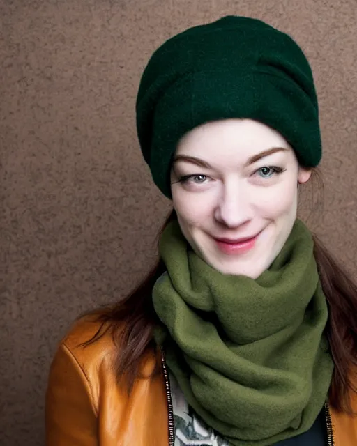 Image similar to headshot of a smiling, stoya, she is wearing a leather bomber cap on her head, she is also wearing an a 2 flight jacket, a long green wool scarf is wrapped around her neck