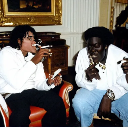 Image similar to a photograph of michael jackson and biggie smoking a joint together at the white house in 2 0 0 8, 4 k