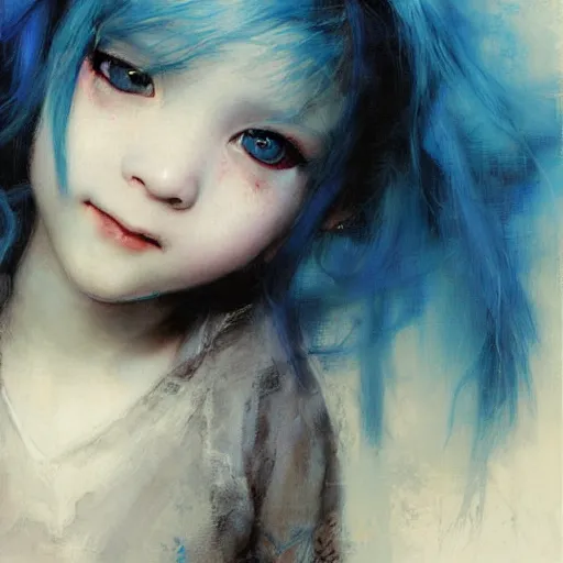 Prompt: little girl with blue hair. By Ruan Jia. Ayami Kojima. Masterpiece