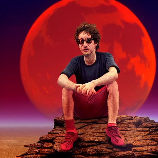 Prompt: gustavo cerati sitting on the red moon, digital art, matte painting, highly detailed,