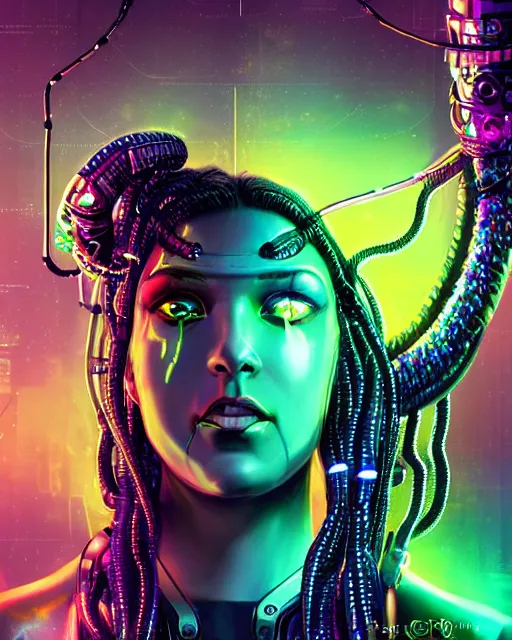 Image similar to a cyberpunk close up portrait of cyborg medusa, electricity, rainbow, snakes in hair, sparks, bokeh, soft focus, skin tones, warm, daylight, geometric, by unreal engine, paul lehr, jesper ejsing