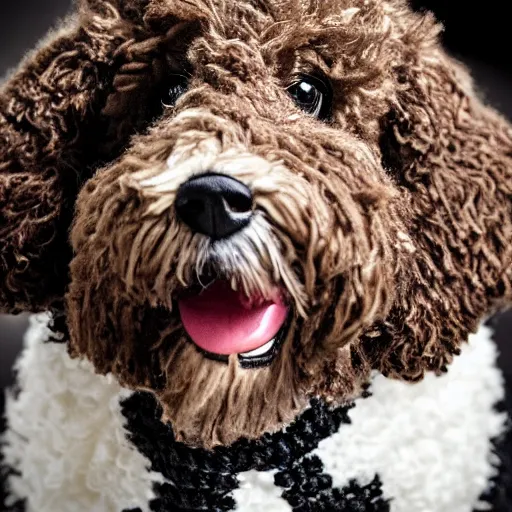 Image similar to a closeup photorealistic photograph of a cute smiling knitted bernedoodle judge dog dressed in a black gown, presiding over the courthouse. indoor image, professional capture, well lit shot. this 4 k hd image is trending on artstation, featured on behance, well - rendered, extra crisp, features intricate detail, epic composition and the style of unreal engine.