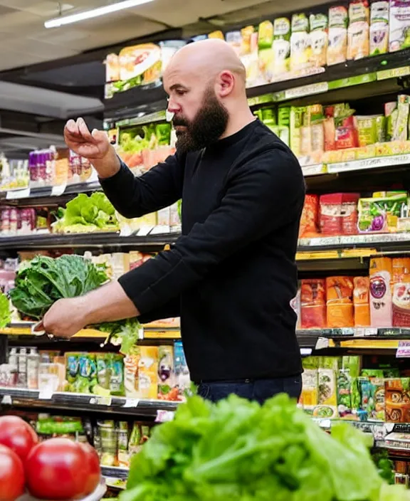 Prompt: a bald man with a beard gestures to a display of boxes of suddenly salad at the end cap inside a supermarket