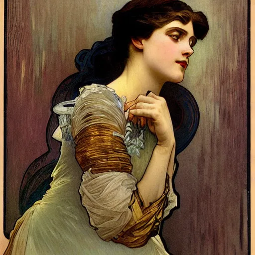 Prompt: young victorian woman in ball gown, painted by alphonse mucha