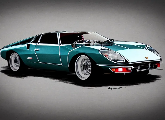 Image similar to a blending, amalgamation and detailed combination of a lamborghini countach, datsun 2 6 0 z and a jaguar e - type, concept art, round headlights, 8 k, highly detailed, trending on art station