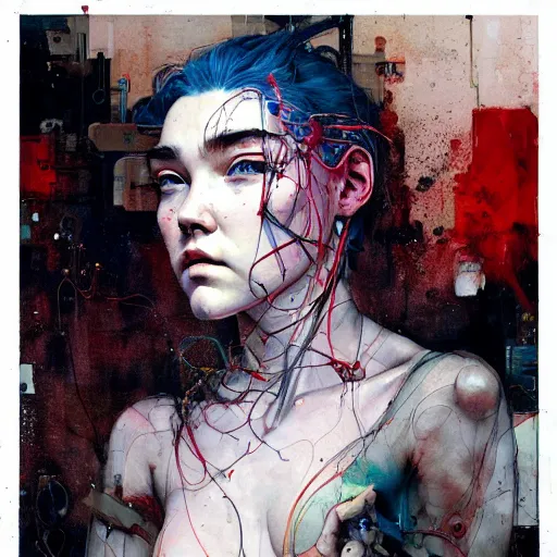 Image similar to florence pugh cyberpunk dreaming, wires cybernetic implants, in the style of adrian ghenie, esao andrews, jenny saville,, surrealism, dark art by james jean, takato yamamoto