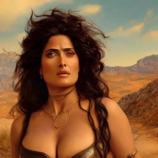 Image similar to a matte painting of salma hayek wild west woman, oil painting, pale colors, high detail, 8 k, wide angle, trending on artstation,