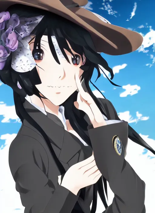 Image similar to key anime visual of a beautiful girl wearing a beige beret and blue shirt; long black hair; in the artstyle of Persona, Persona video game art