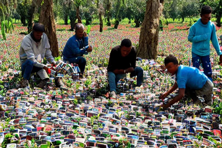 Prompt: sugondese people sorting a giant pile of compact discs within a tree nut field