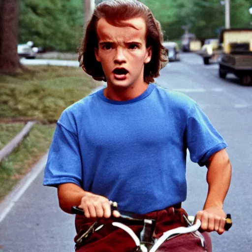 Prompt: arnold schwarzenegger as eleven, stranger things, 1 9 8 0 s, 8 k