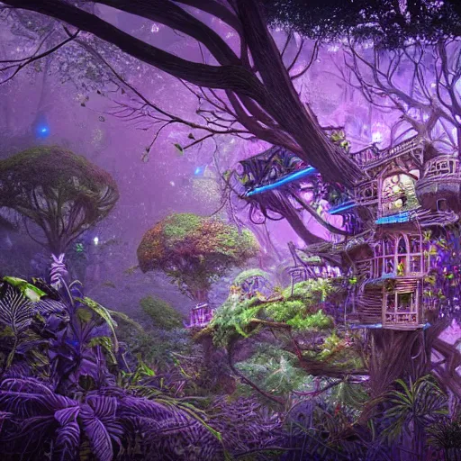 Prompt: an elaborate treehouse overgrown by bioluminescent, purple, blue, glowing plants, an ultrafine hyperdetailed illustration by kim jung gi, irakli nadar, intricate linework, bright colors, octopath traveler, final fantasy, unreal engine 5 highly rendered, global illumination, radiant light, detailed and intricate environment