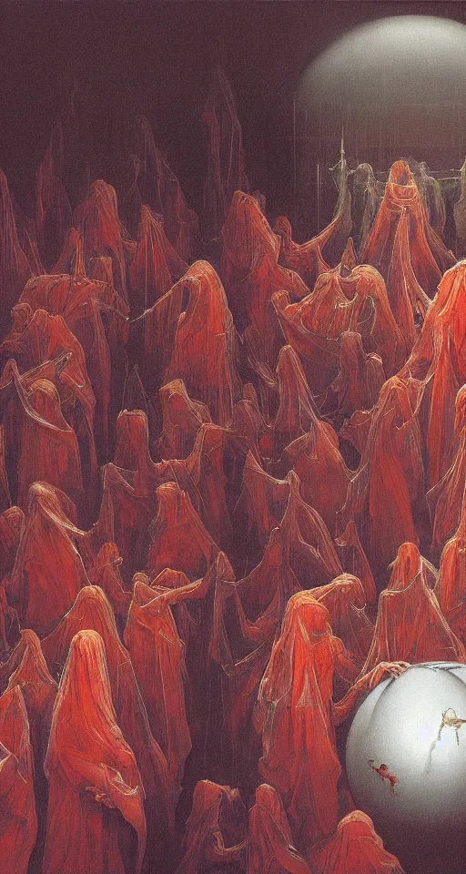 Prompt: closeup of worshippers in red robes holding a very complex gigantic reflective glowing glass crystal tesseract orb violently illuminating a small glass room with glass windows, very bright white light, small room!!!, glass room, glass, enlightening!, closeup!!!!, high detailed beksinski painting, part by adrian ghenie and gerhard richter. masterpiece, bright white