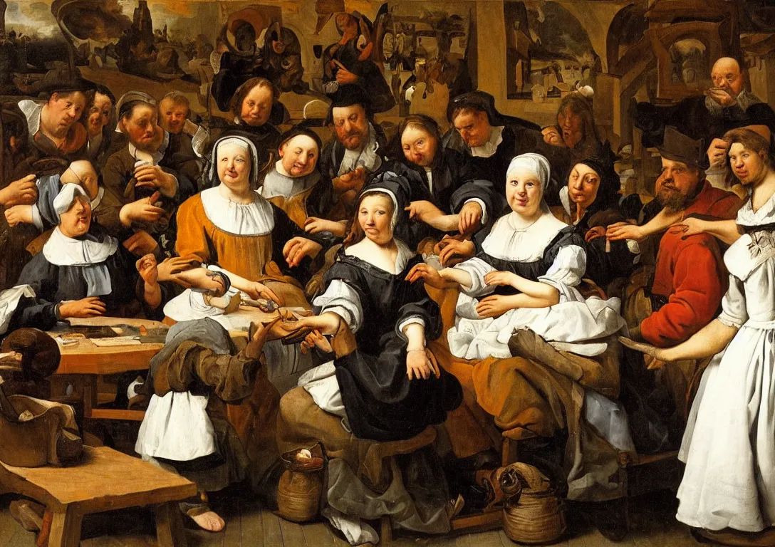 Prompt: Jan Steen. Magnificent woman in the center staring at us.