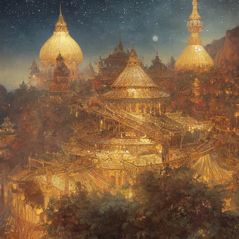 Image similar to a beautiful painting of the view from the river of the stately pleasure domes of kublai khan in xanadu, at night with a sky full of stars, intricate, elegant, highly detailed, digital painting, artstation, concept art, by krenz cushart and artem demura and alphonse mucha