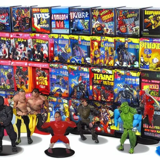 Image similar to action figures of pop culture fighting in a toy's store on the store's checkout, hypercharge video game, plastic and metal