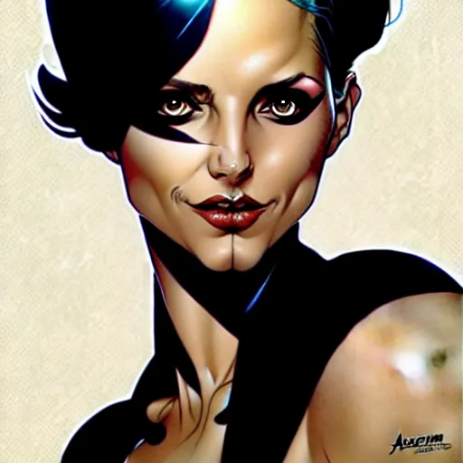 Image similar to artgerm, joshua middleton comic cover art, pretty domino character marvel comics sarah michelle gellar, place white skin, asymmetrical black spot covering left eye only, no spot right eye white around right eye