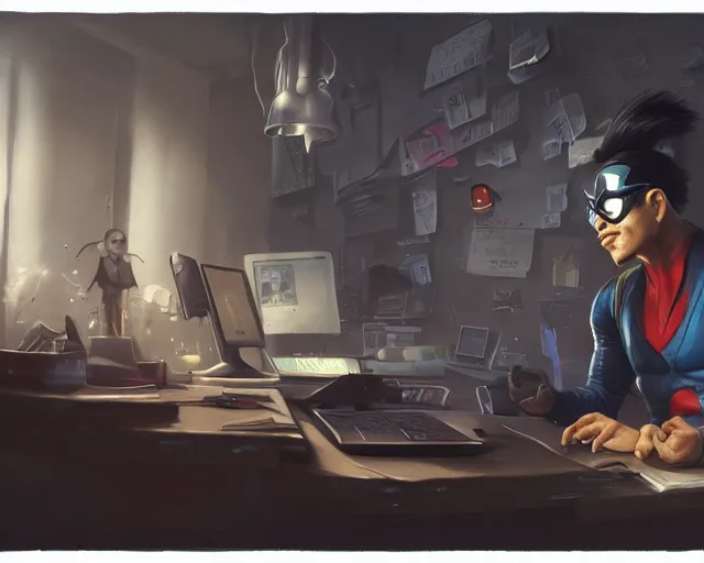 Image similar to an insanely detailed painting of a nerdy asian man wearing a superhero costume, sitting at a desk, staring at the nervously at the computer and typing, in the style of peter mohrbacher, dramatic lighting and composition, surreal background, octane render, pixar, trending on artstation, concept art, comic book, view from behind