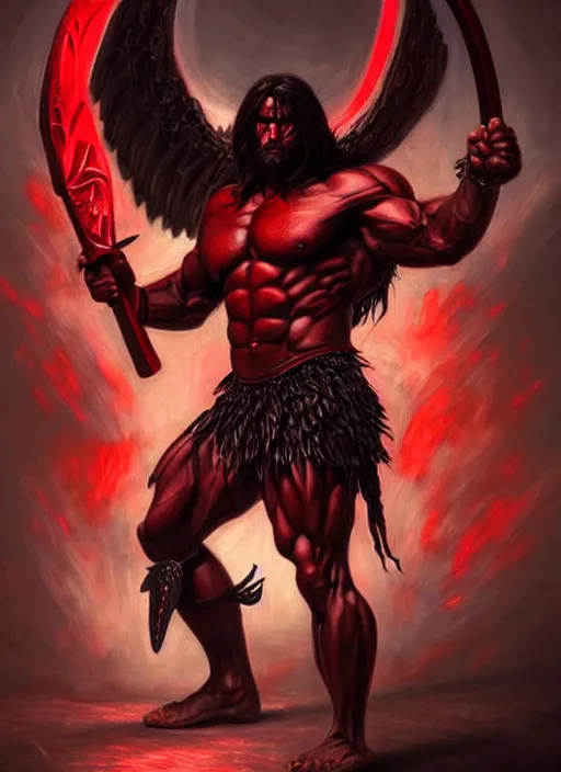 Image similar to portrait of aggressive demonic damned heracles slaying an angel, d & d, muscular! athetic slim bodybuilder, red and black, futuristic, fantasy, intricate, elegant, highly detailed, digital painting, artstation, concept art, smooth, sharp focus, illustration, art by artgerm and greg rutkowski and alphonse mucha