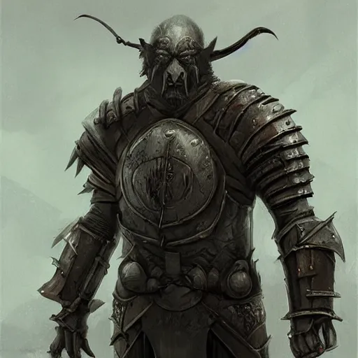 Image similar to orc wearing medieval suit of armor, illustration, concept art, art by wlop, dark, moody, dramatic