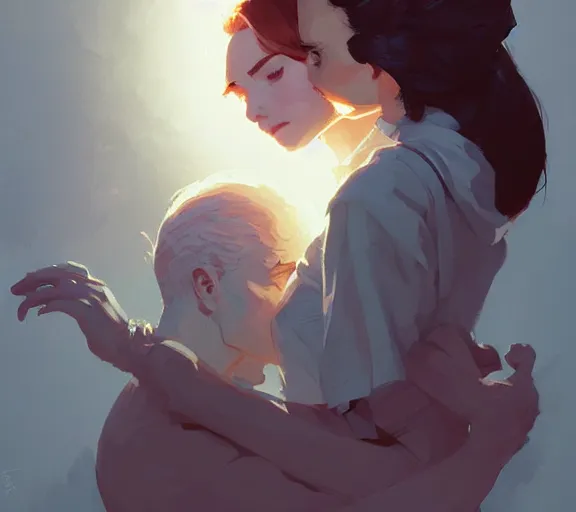 Image similar to portrait will kissing elisabeth by atey ghailan, by greg rutkowski, by greg tocchini, by james gilleard, by joe fenton, by kaethe butcher, by ashley wood, dynamic lighting, gradient light blue, brown, blonde cream and white color scheme, grunge aesthetic