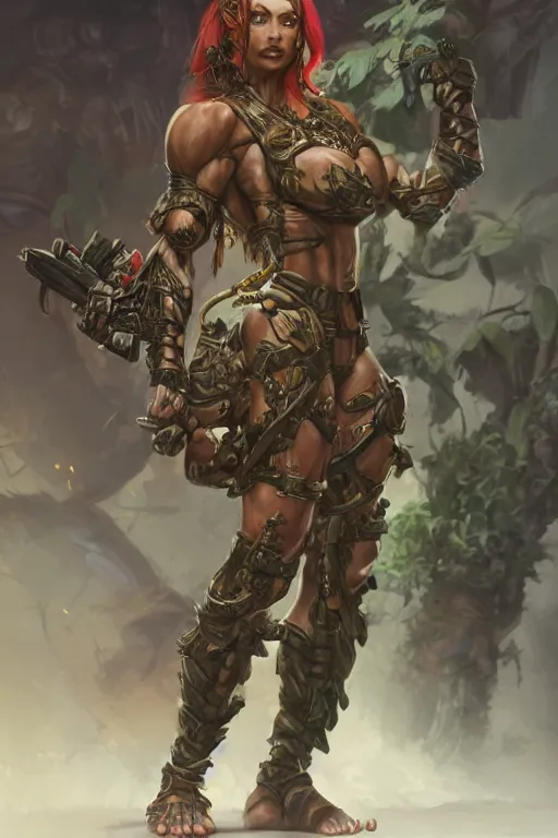 Prompt: full body portrait of a jungle fighter lady, muscular, upper body, arm tattoos, Warhammer 40k, fantasy, intricate, elegant, highly detailed, digital painting, artstation, concept art, matte, sharp focus, illustration, art by Artgerm and Greg Rutkowski and Craig Mullins and Ross Tran