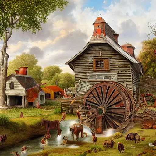 Prompt: folk art, farmhouse with a waterwheel by a creek, farm animals and children playing in the yard, lowbrow, matte painting, 3 - d highly detailed, style of greg simkins