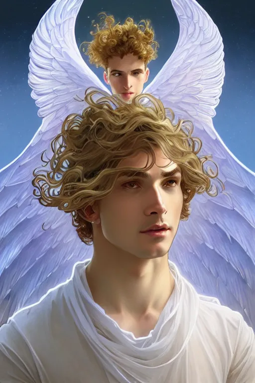 Prompt: a beautiful young fit male angel with curly blond hairs, dressed with fluent clothes, majestic symmetrical wings, luminous halo, by greg rutkowski and alphonse mucha, d & d character, gradient white to gold, in front of an iridescent background, highly detailed portrait, digital painting, artstation, concept art, smooth, sharp focus illustration, artstation hq