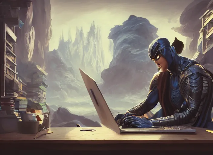 Image similar to an insanely detailed painting of an asian man wearing a homemade superhero costume, sitting at a desk, staring seriously at the computer and typing, in the style of peter mohrbacher, dramatic lighting and composition, surreal background, octane render, pixar, trending on artstation, concept art, comic book, view from behind, 8 k