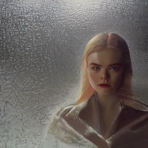 Prompt: Elle Fanning face reflection off a rainy car window, extremely detailed masterpiece, oil on canvas, low-key neon lighting, artstation, Blade Runner 2049, Roger Deakin’s cinematography, by J. C. Leyendecker and Peter Paul Rubens,